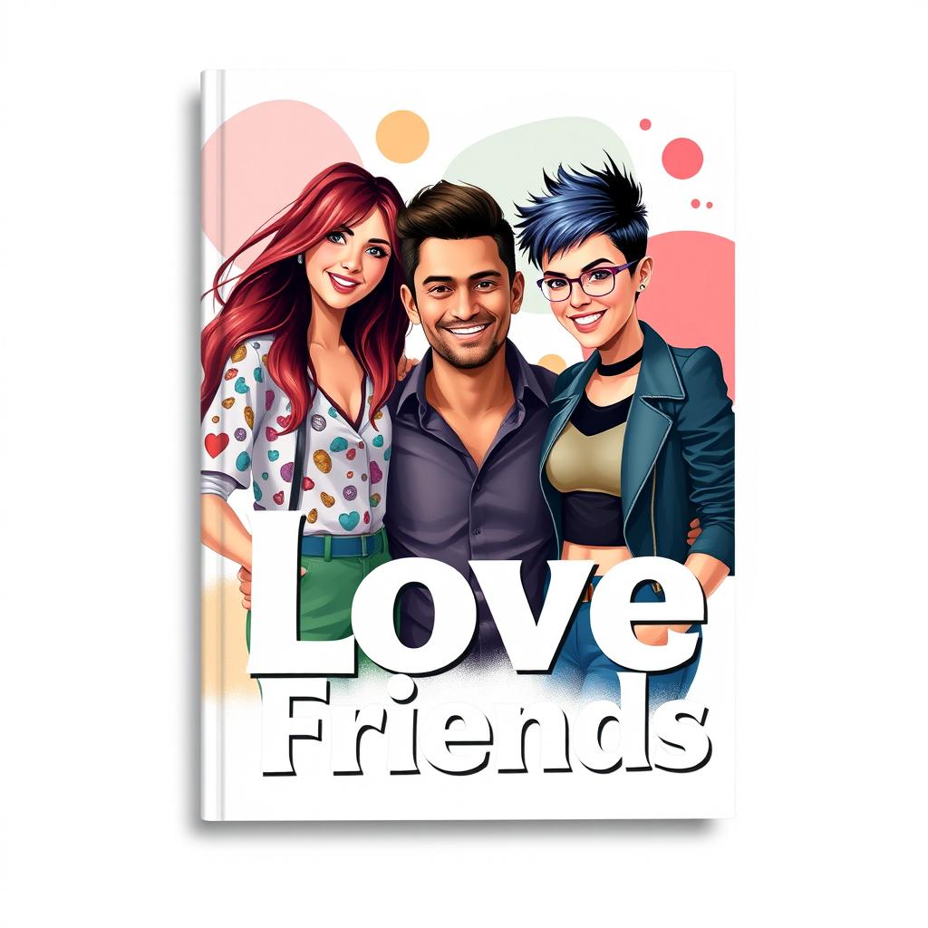 A vibrant book cover for the title 'Love or Friends,' showcasing artistic representations of two women and one man in the center