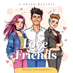 A vibrant book cover for the title 'Love or Friends,' showcasing artistic representations of two women and one man in the center