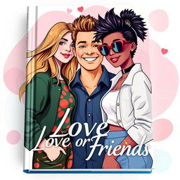 A vibrant book cover for the title 'Love or Friends,' showcasing artistic representations of two women and one man in the center