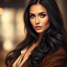 A realistic portrait of a beautiful Gemini woman, featuring a strikingly symmetrical face with expressive almond-shaped hazel eyes
