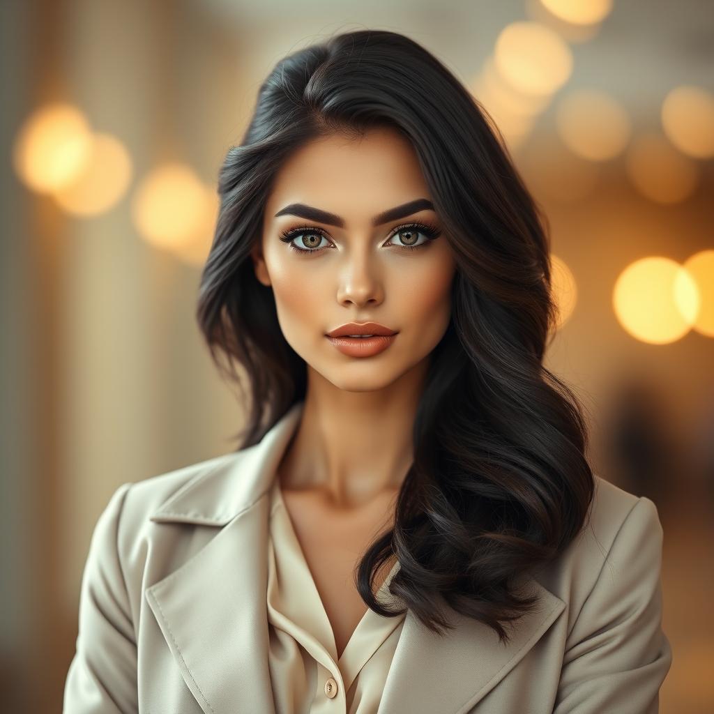 A realistic portrait of a beautiful Gemini woman, featuring a strikingly symmetrical face with expressive almond-shaped hazel eyes