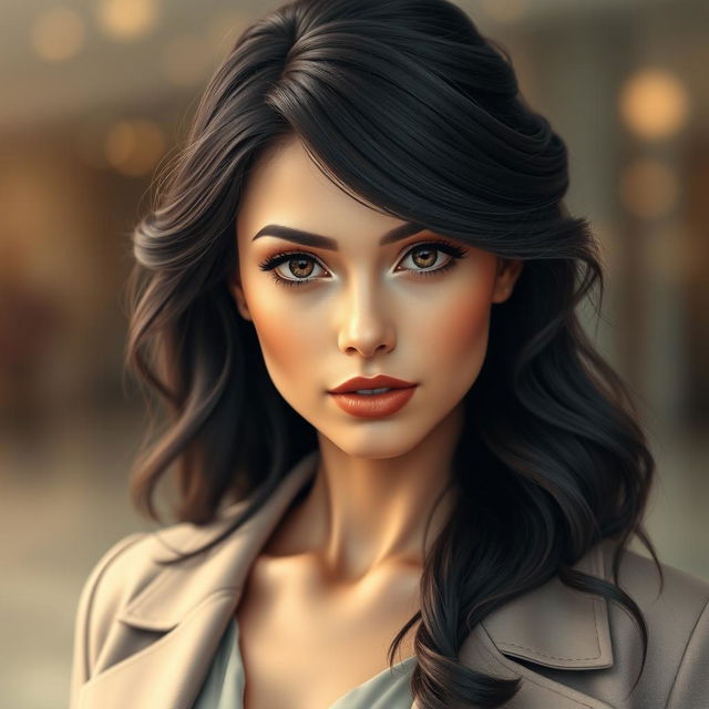 A realistic portrait of a beautiful Gemini woman, featuring a strikingly symmetrical face with expressive almond-shaped hazel eyes