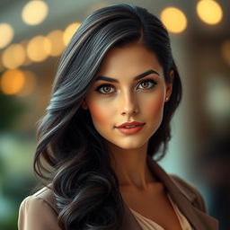 A realistic portrait of a beautiful Gemini woman, featuring a strikingly symmetrical face with expressive almond-shaped hazel eyes
