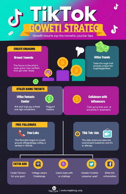 An engaging infographic showcasing the TikTok growth strategy and monetization tips, featuring bold graphics and clear, concise text
