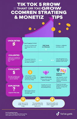 An engaging infographic showcasing the TikTok growth strategy and monetization tips, featuring bold graphics and clear, concise text