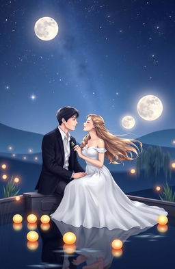A serene and romantic scene symbolizing 'silent love,' featuring a beautiful couple sitting together under a starlit sky, surrounded by soft glowing lights