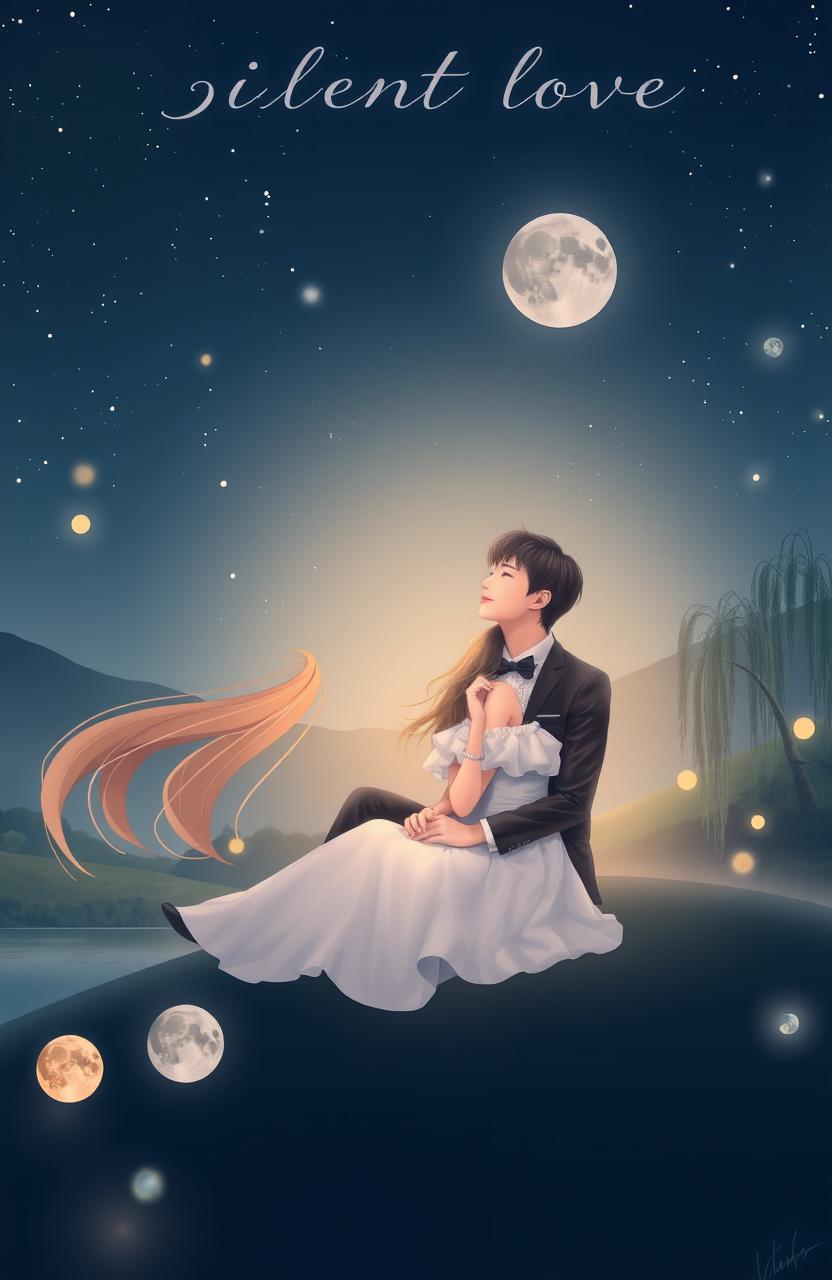 A serene and romantic scene symbolizing 'silent love,' featuring a beautiful couple sitting together under a starlit sky, surrounded by soft glowing lights