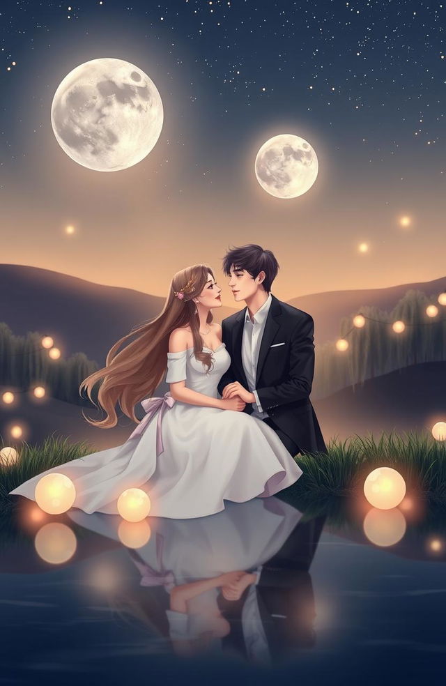 A serene and romantic scene symbolizing 'silent love,' featuring a beautiful couple sitting together under a starlit sky, surrounded by soft glowing lights