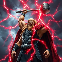 A powerful depiction of Thor, the Norse god of thunder, standing boldly with his hammer, Mjolnir, raised high