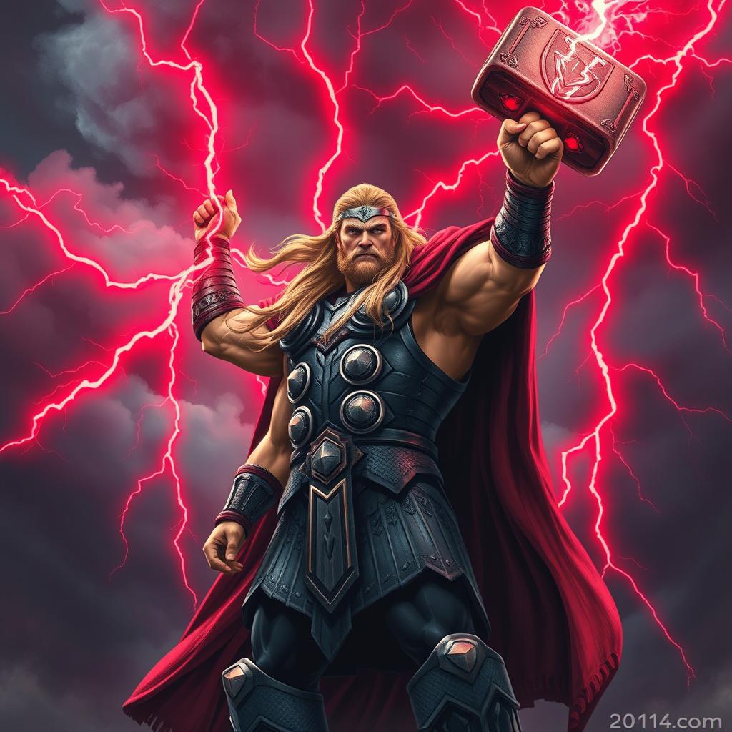 A powerful depiction of Thor, the Norse god of thunder, standing boldly with his hammer, Mjolnir, raised high