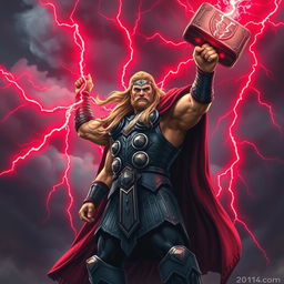 A powerful depiction of Thor, the Norse god of thunder, standing boldly with his hammer, Mjolnir, raised high