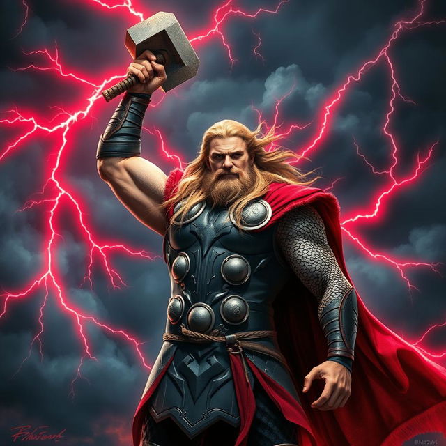 A powerful depiction of Thor, the Norse god of thunder, standing boldly with his hammer, Mjolnir, raised high