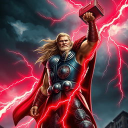 A powerful depiction of Thor, the Norse god of thunder, standing boldly with his hammer, Mjolnir, raised high