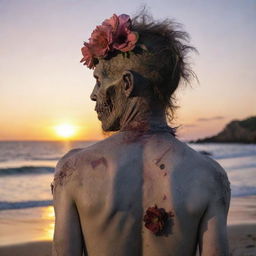 Ultra-detailed, 36K quality image of a zombie wearing a flower headpiece, seen from behind, staring at a sunset on a beach.