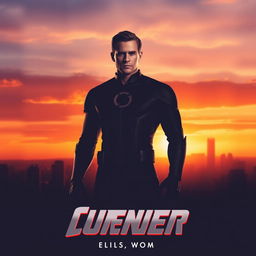 A minimalist movie poster featuring the main character; the character is a strong, confident superhero dressed in a sleek, modern costume with a prominent emblem on the chest