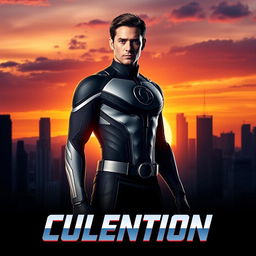 A minimalist movie poster featuring the main character; the character is a strong, confident superhero dressed in a sleek, modern costume with a prominent emblem on the chest