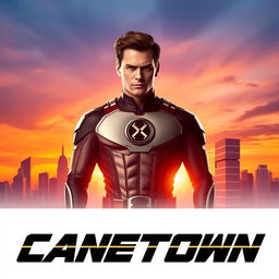 A minimalist movie poster featuring the main character; the character is a strong, confident superhero dressed in a sleek, modern costume with a prominent emblem on the chest