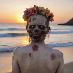 Ultra-detailed, 36K quality image of a zombie wearing a flower headpiece, seen from behind, staring at a sunset on a beach.