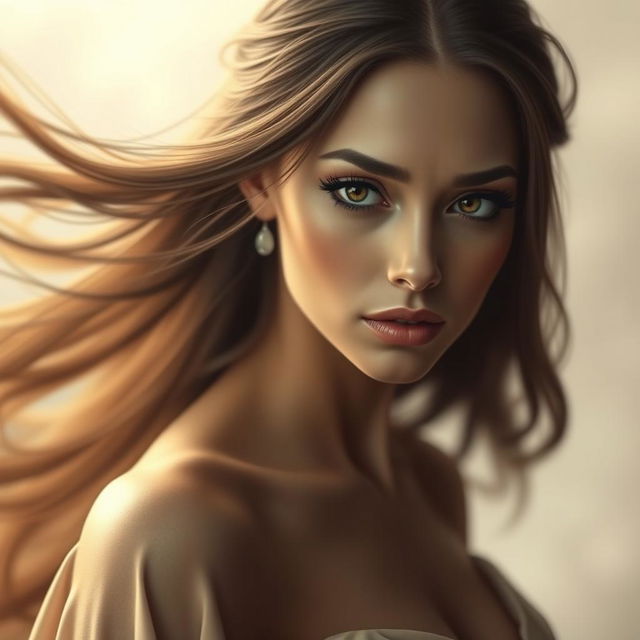 A beautiful woman with long flowing hair facing left with a sad expression on her face