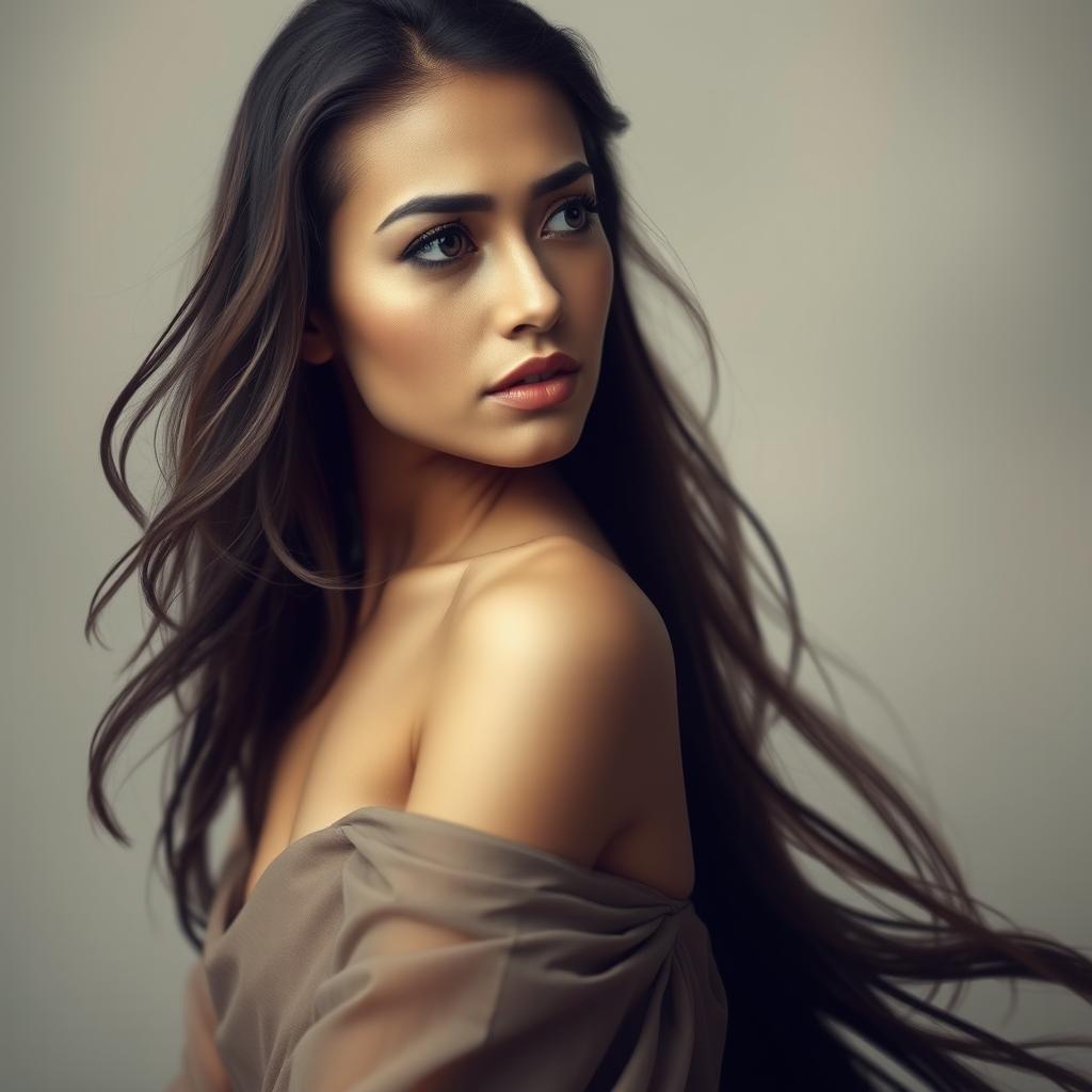 A beautiful woman with long flowing hair facing left with a sad expression on her face