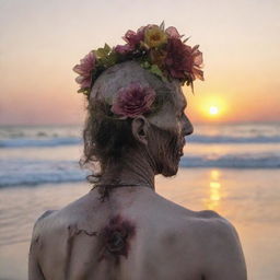 Ultra-detailed, 36K quality image of a zombie wearing a flower headpiece, seen from behind, staring at a sunset on a beach.