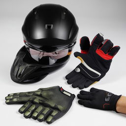 A set of gear for a male bicycle rider, including a modern helmet, gloves, and suit designed for safety and aerodynamic performance.