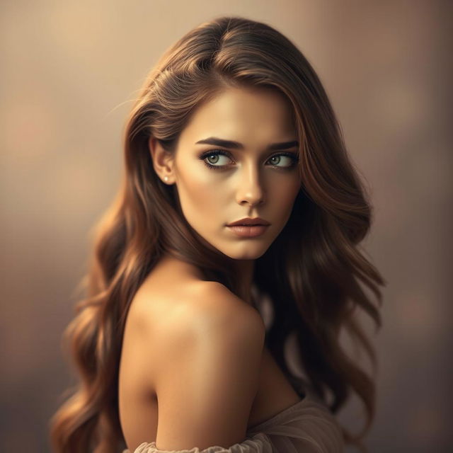 A stunningly beautiful woman with long, wavy hair, facing left, showcasing a sad expression on her face