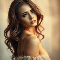 A stunningly beautiful woman with long, wavy hair, facing left, showcasing a sad expression on her face