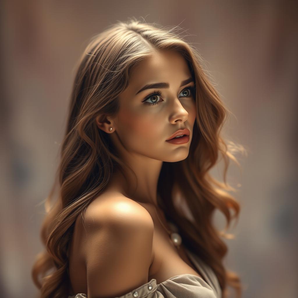 A stunningly beautiful woman with long, wavy hair, facing left, showcasing a sad expression on her face