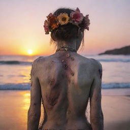 Ultra-detailed, 36K quality image of a zombie wearing a flower headpiece, seen from behind, staring at a sunset on a beach.