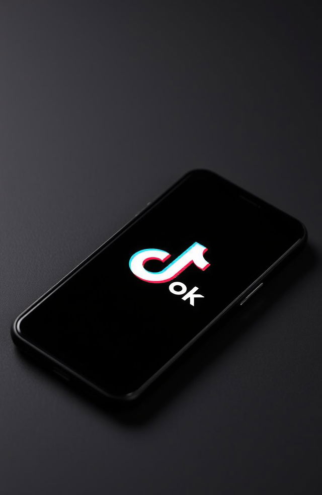 A close-up view of a smartphone displaying the TikTok logo prominently on the screen, set against a sleek black theme background