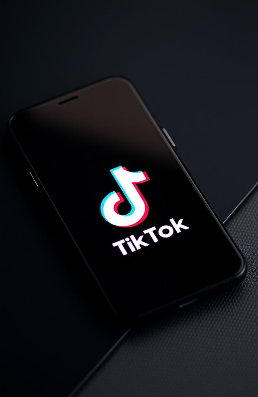 A close-up view of a smartphone displaying the TikTok logo prominently on the screen, set against a sleek black theme background