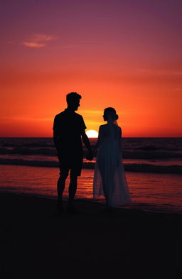 A beautiful sunset on a serene beach, showcasing a vivid orange and purple sky as the sun dips below the horizon
