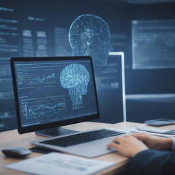 Design an image depicting artificial intelligence algorithms evaluating and analyzing financial data, visualizing how AI contributes to automation, efficiency, and decision-making in accounting services.