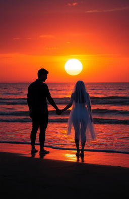 A beautiful sunset on a serene beach, showcasing a vivid orange and purple sky as the sun dips below the horizon