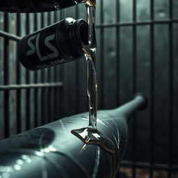 A striking close-up shot focusing on a large black baseball bat wrapped in clear plastic, situated in a stark prison cell environment