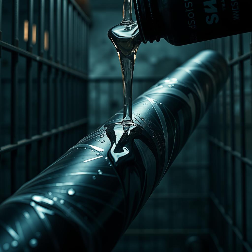 A striking close-up shot focusing on a large black baseball bat wrapped in clear plastic, situated in a stark prison cell environment