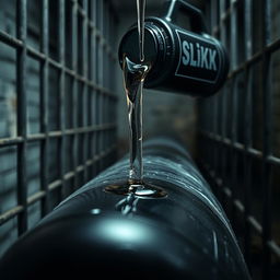 A striking close-up shot focusing on a large black baseball bat wrapped in clear plastic, situated in a stark prison cell environment