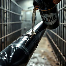 A striking close-up shot focusing on a large black baseball bat wrapped in clear plastic, situated in a stark prison cell environment