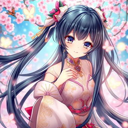A beautiful and captivating character from a manhwa, featuring long flowing black hair with shimmering highlights, wearing an elegant and detailed traditional outfit with intricate patterns and delicate fabrics