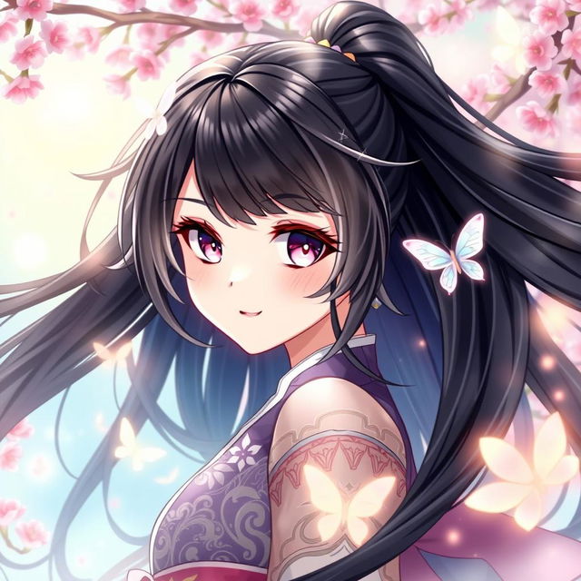 A beautiful and captivating character from a manhwa, featuring long flowing black hair with shimmering highlights, wearing an elegant and detailed traditional outfit with intricate patterns and delicate fabrics