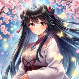 A beautiful and captivating character from a manhwa, featuring long flowing black hair with shimmering highlights, wearing an elegant and detailed traditional outfit with intricate patterns and delicate fabrics