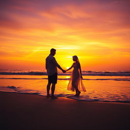 A captivating sunset on a tranquil beach, featuring a vibrant orange and purple sky as the sun sets over the horizon