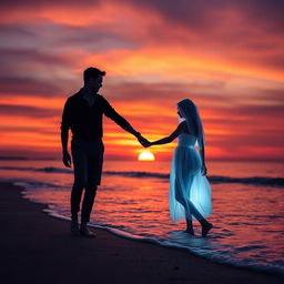 A captivating sunset on a tranquil beach, featuring a vibrant orange and purple sky as the sun sets over the horizon