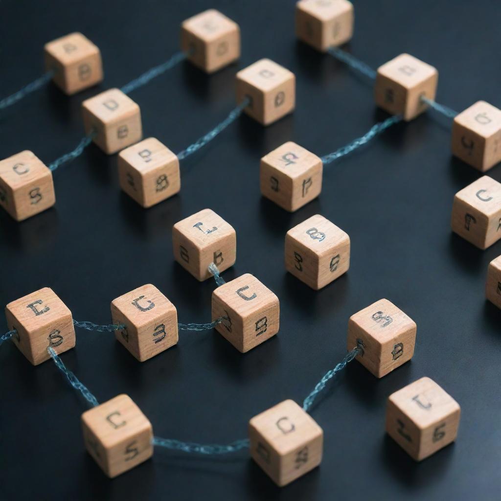 Create an interconnected chain of blocks representing a blockchain ledger. Each block holds encrypted transaction data, highlighting the transparency and security features of blockchain in accounting.