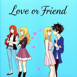 A book cover for the title 'Love or Friend', featuring a vibrant blue background that evokes a sense of emotion and intrigue