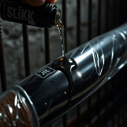 A close-up shot of a large black baseball bat wrapped in transparent plastic