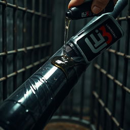 A close-up shot of a large black baseball bat wrapped in transparent plastic