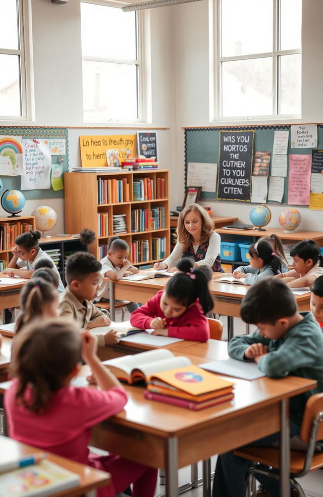 A serene classroom setting with a wide variety of educational materials such as books, globes, and colorful posters on the walls