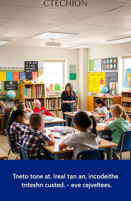 A serene classroom setting with a wide variety of educational materials such as books, globes, and colorful posters on the walls